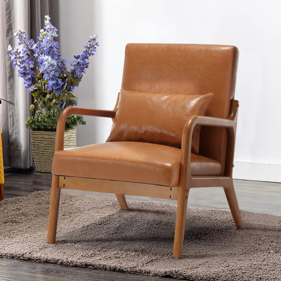 Miniyam Modern PU Leather Accent Chair, Solid Wood Lounge Reading Armchair With One Pillow for Living Room, Bedroom, Guest Room, Light Brown