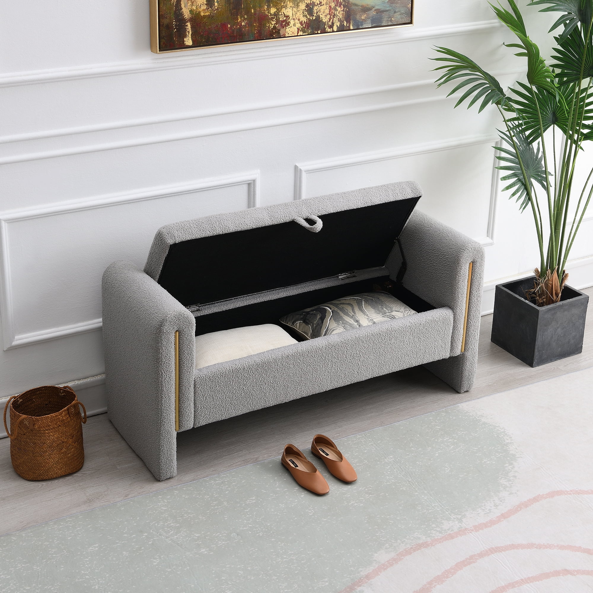 Miniyam Modern Teddy Fabric Upholstered Bed End Bench with Arms and Storage, for Living Room,Bedroom, Gray