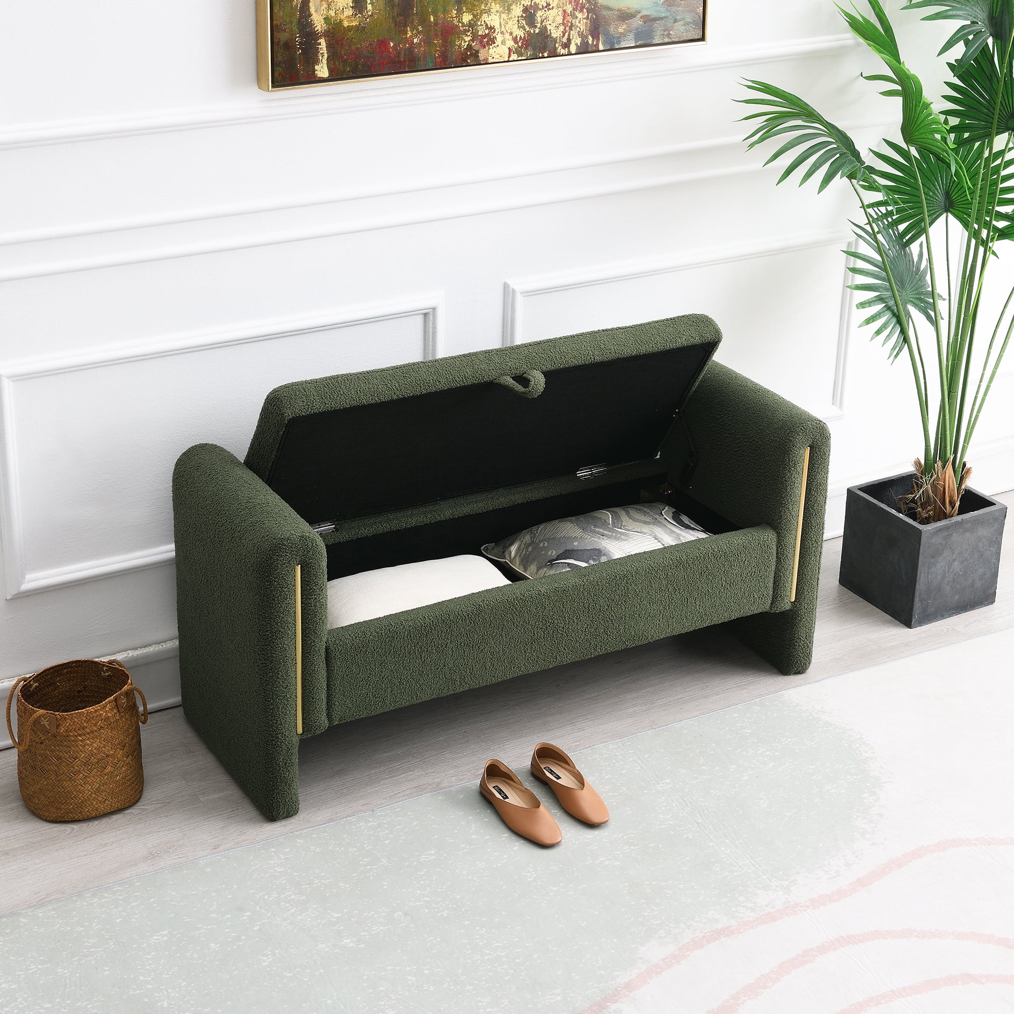 Miniyam Modern Teddy Fabric Upholstered Bed End Bench with Arms and Storage, for Living Room,Bedroom, Olive Green