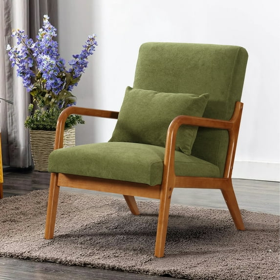 Miniyam Modern Velvet Accent Chair, Solid Wood Lounge Reading Armchair With One Pillow for Living Room, Bedroom, Guest Room, Green