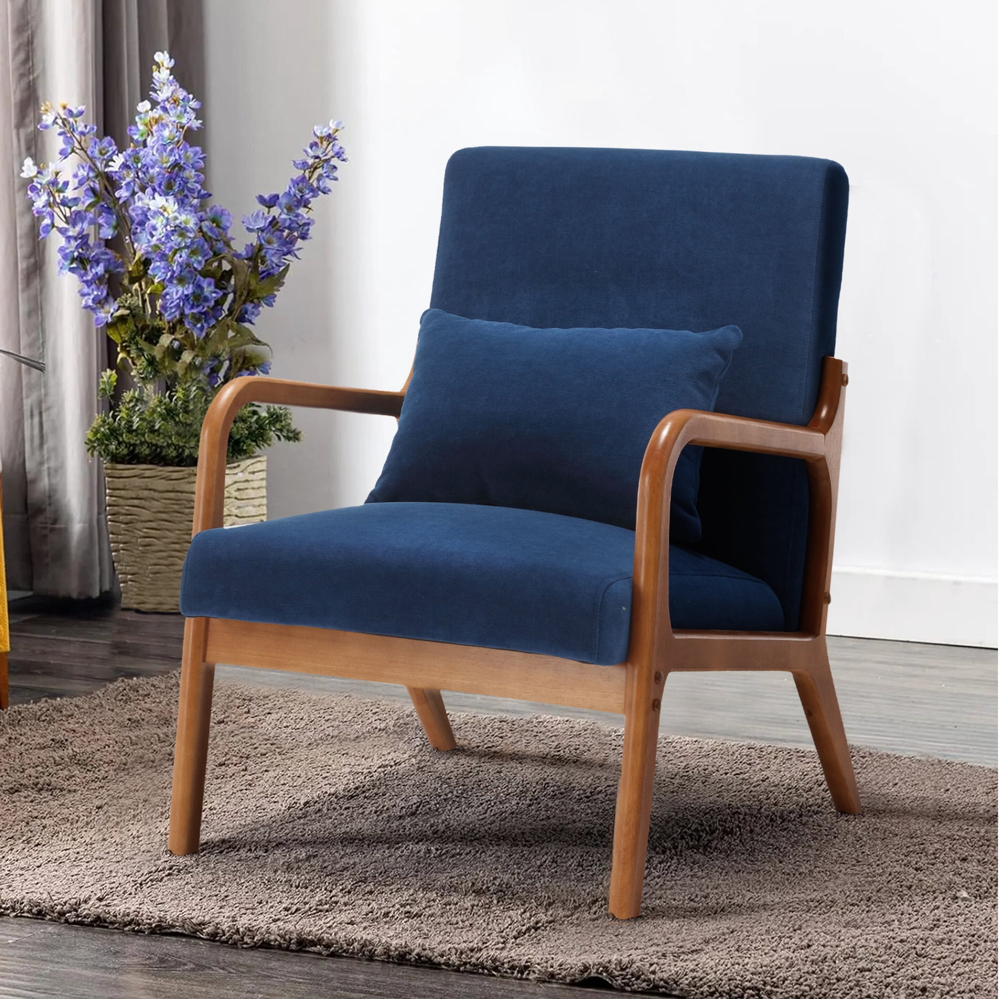 Miniyam Modern Velvet Accent Chair, Solid Wood Lounge Reading Armchair With One Pillow for Living Room, Bedroom, Guest Room, Navy