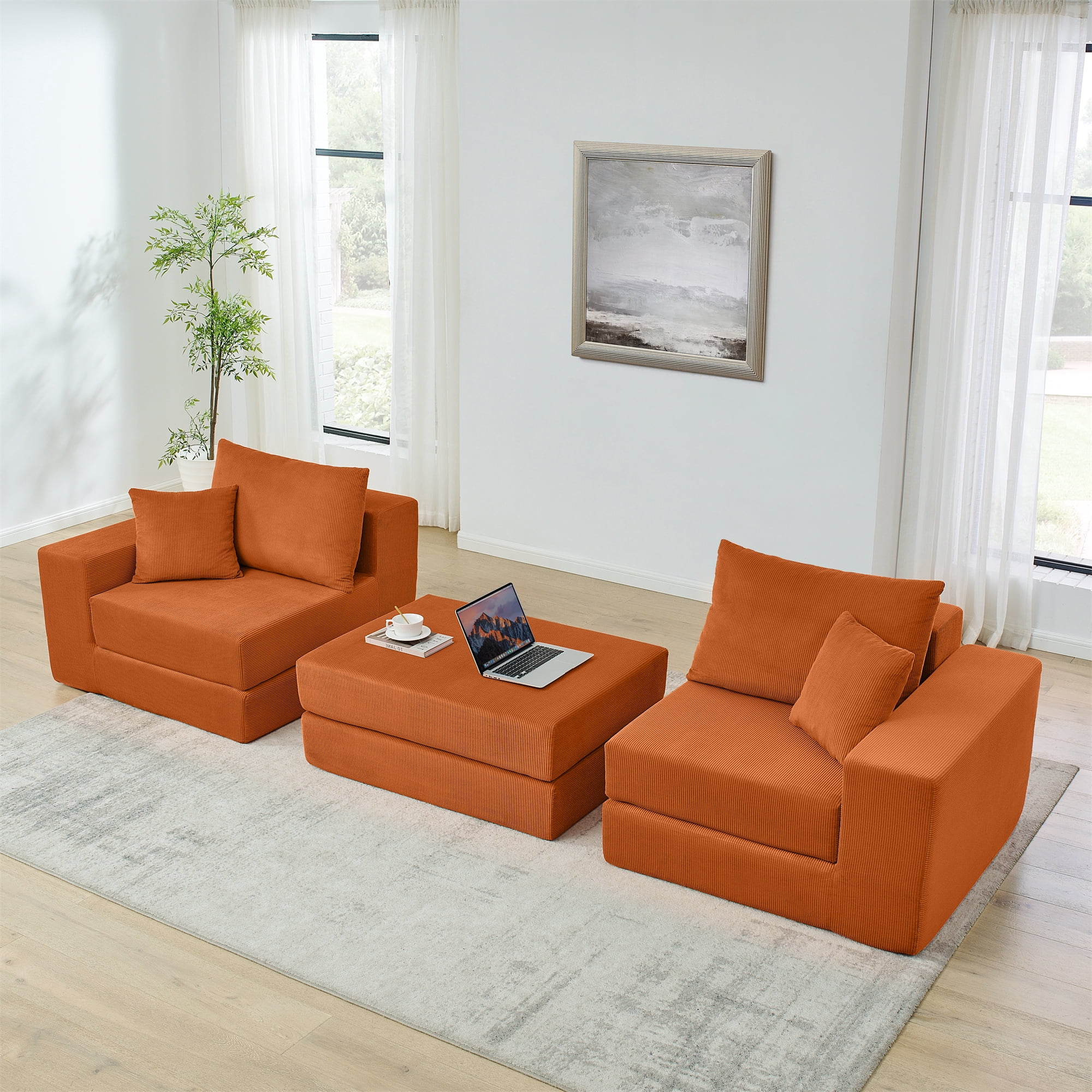 Miniyam No Assembly Sectional Sofa, Ready-to-Use Modular Cloud Couch, Corduroy Deep Seat with Ottoman and Pillows, Unbox and Relax, Orange
