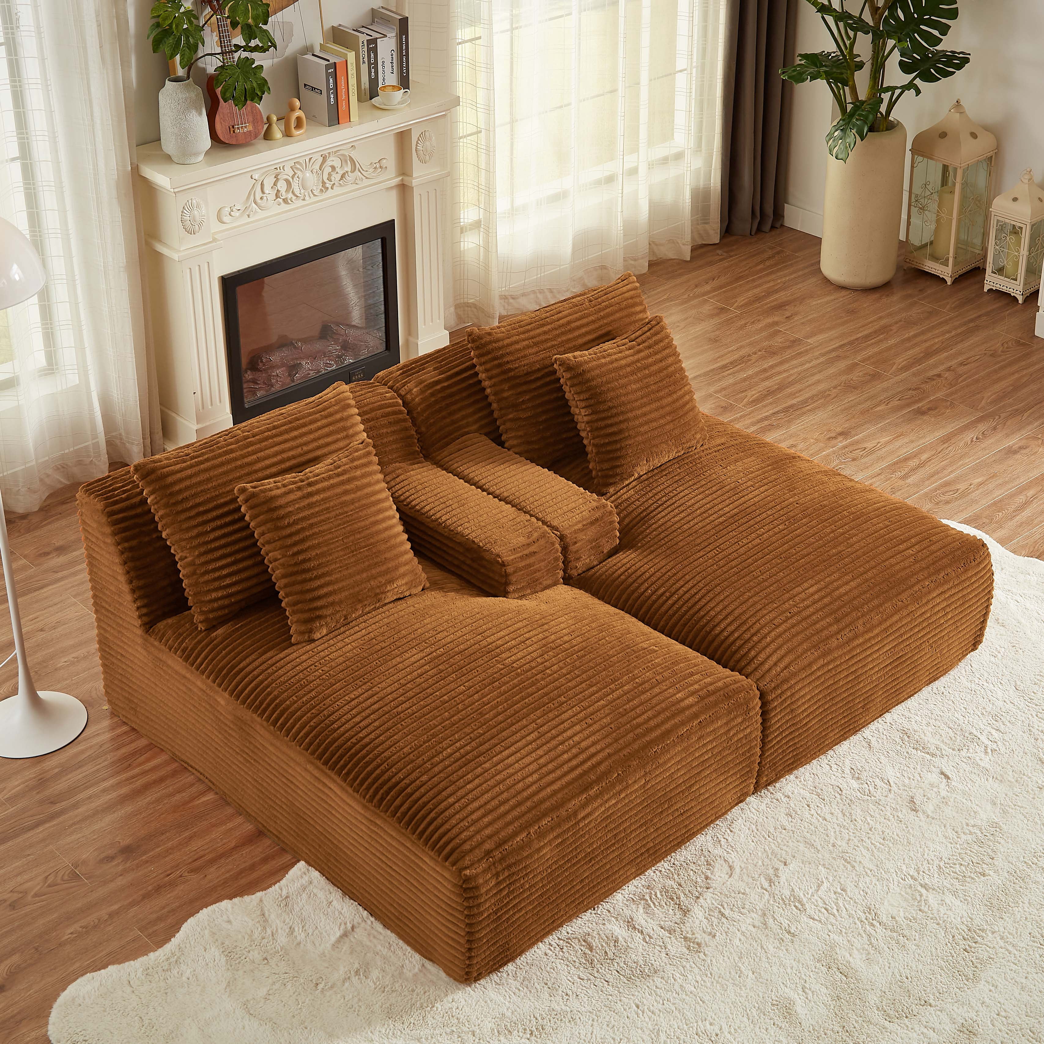Miniyam Orange Compressible Double Chaise Lounge - No Assembly Required, Fluffy Modern Sleeper Loveseat for Indoor Living Room Bedroom Reading
