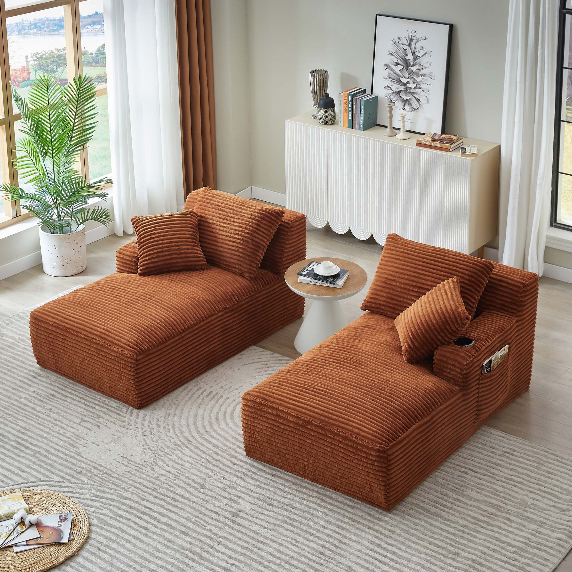 Miniyam Orange Compressible Double Chaise Lounge with Cupholders, Fluffy Modern Sleeper Loveseat for Living Room Bedroom