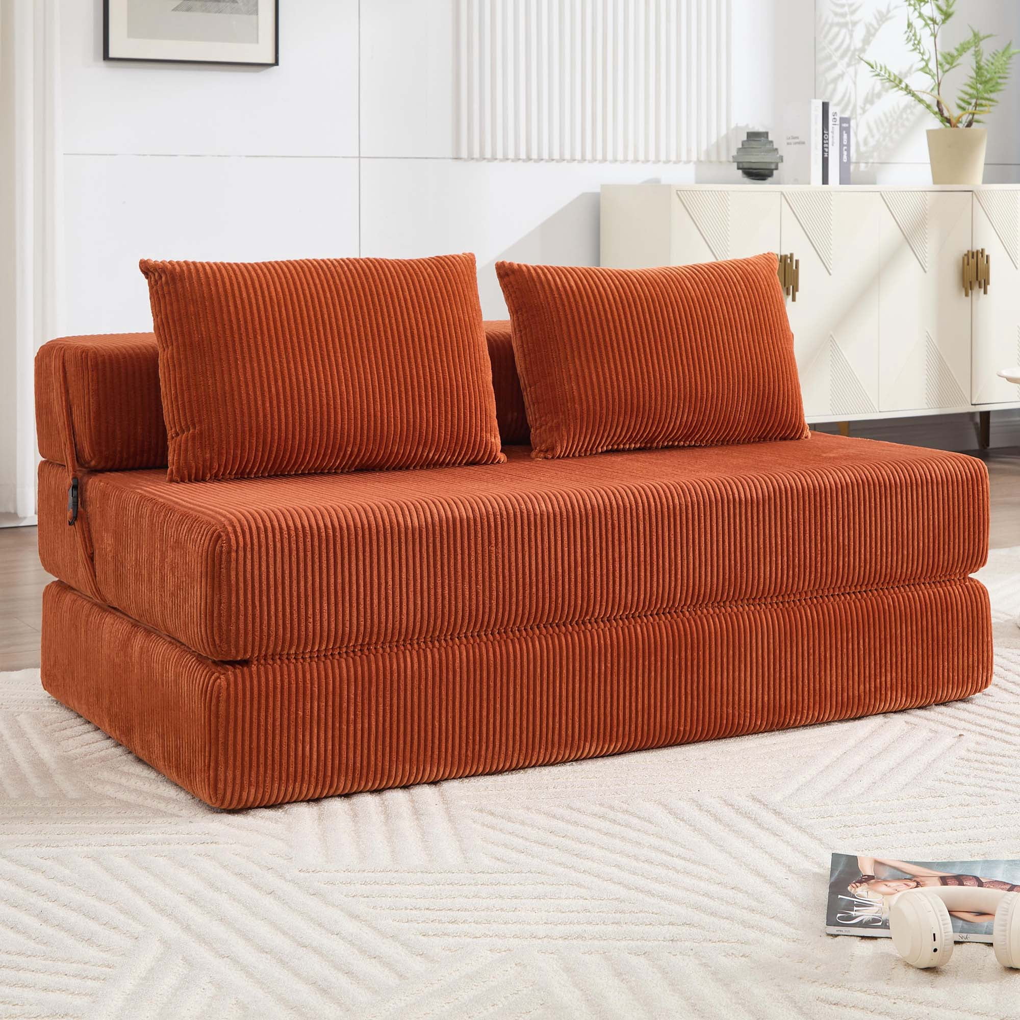 Miniyam Orange Sofa Bed, 55"x80" Full Size Sleeper & Compact Lounge Chair, Converts from 16"H Seat to Bed, Easy Assembly for Small Space, Dorm, Office