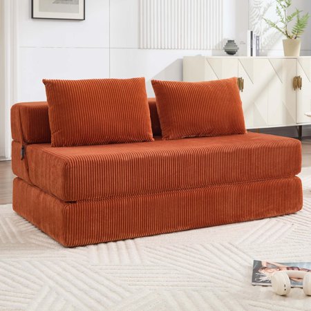 Miniyam Orange Sofa Bed, 55"x80" Full Size Sleeper & Compact Lounge Chair, Converts from 16"H Seat to Bed, Easy Assembly for Small Space, Dorm, Office