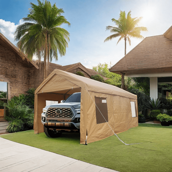 Miniyam Outdoor Carport, 10'x20' Heavy Duty Carport with Roll-up Ventilated Windows, Portable Garage with Removable Sidewalls & Doors for Car, Truck, Yellow