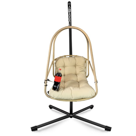 Miniyam Outdoor Hanging Egg Chair with Stand, Foldable Swing Chair with Cup Holder, Rattan Wicker Patio Chair with Cushions for Adults and Kids, Beige