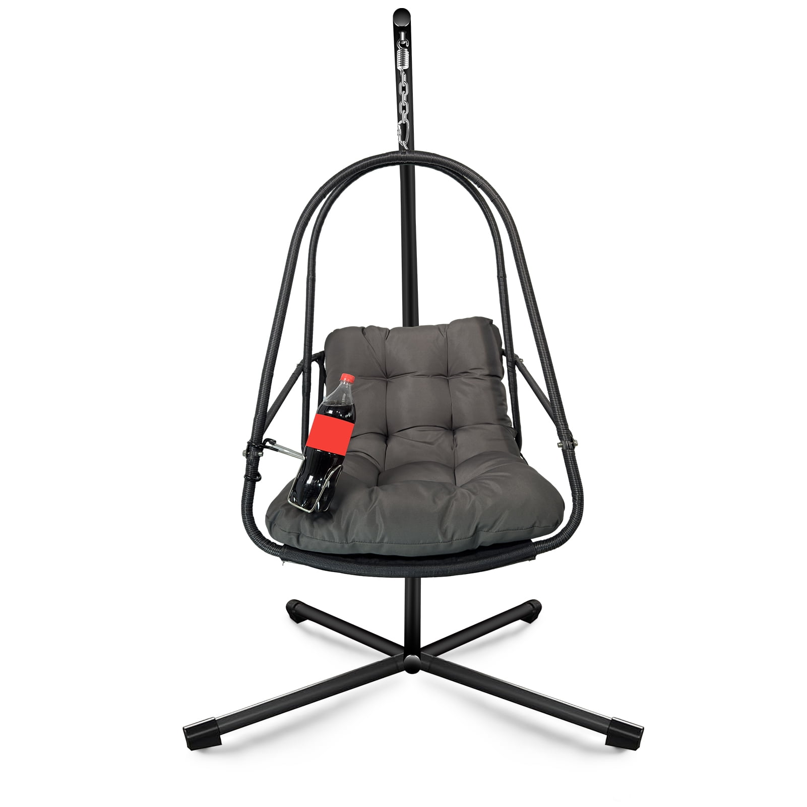 Miniyam Outdoor Hanging Egg Chair with Stand, Foldable Swing Chair with Cup Holder, Rattan Wicker Patio Chair with Cushions for Adults and Kids, Black