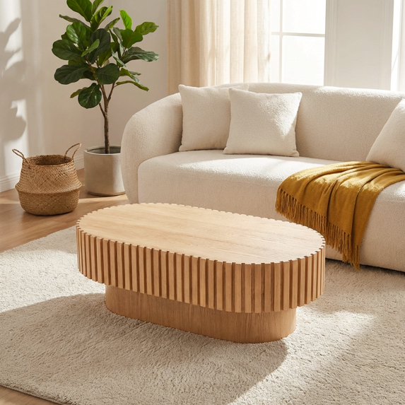 Miniyam Oval Wood Coffee Table with Fluted Design, Natural Finish Modern Center Table for Living Room, Apartment or Office