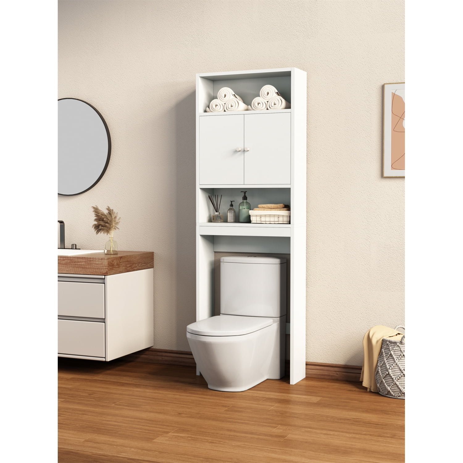Finnhomy Over The Toilet Storage Cabinet with Doors, Over Toilet Bathroom  Organizer, 3-Tier Bathroom Space Saver Organizer with Shelf,  Multifunctional