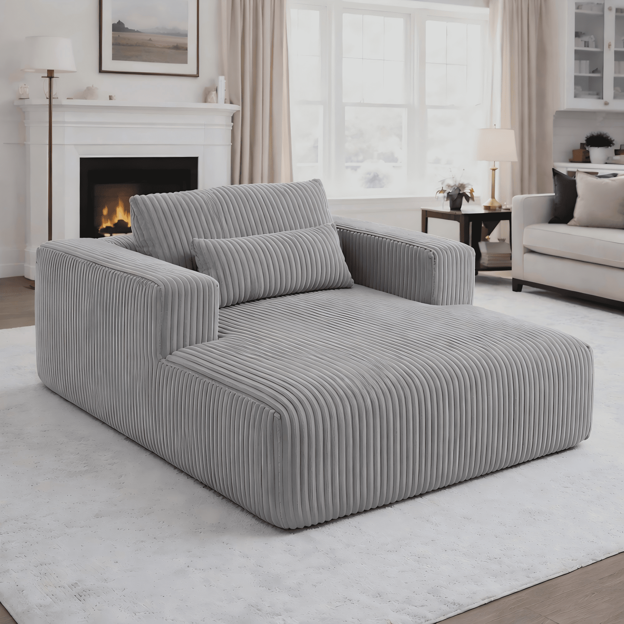 Miniyam Oversized Corduroy Chaise Lounge Sofa, Deep Seat Plush Couch with Pillows, Upholstered Floor Sofa, No Assembly for Living Room Bedroom, Gray