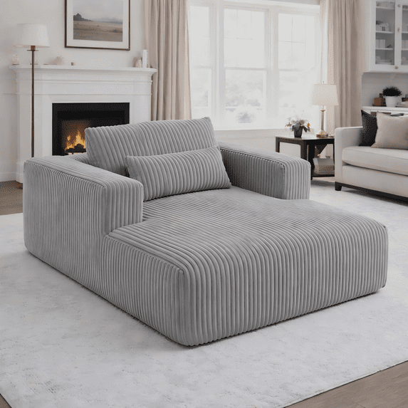 Miniyam Oversized Corduroy Chaise Lounge Sofa, Deep Seat Plush Couch with Pillows, Upholstered Floor Sofa, No Assembly for Living Room Bedroom, Gray