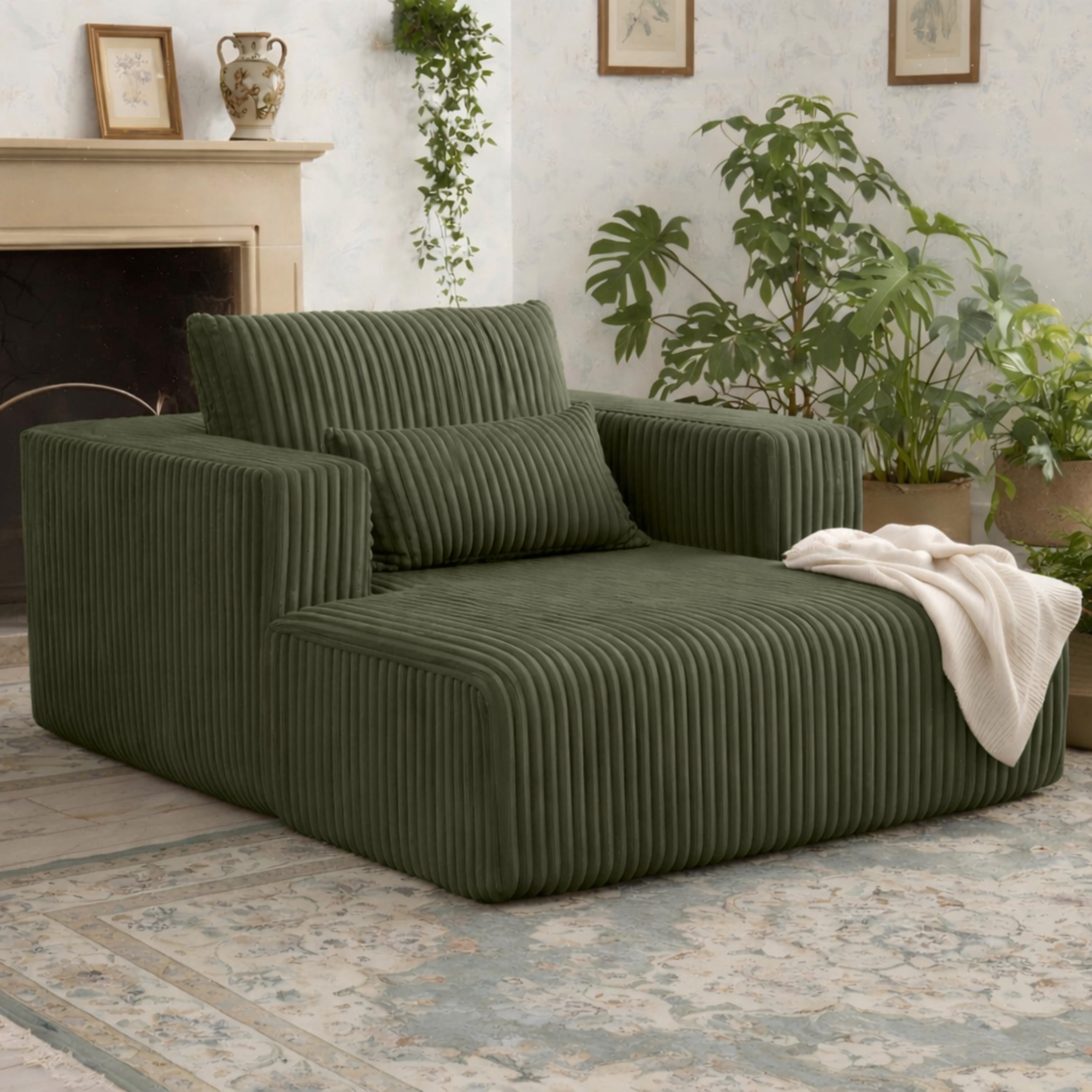Miniyam Oversized Corduroy Chaise Lounge Sofa, Deep Seat Plush Couch with Pillows, Upholstered Floor Sofa, No Assembly for Living Room Bedroom, Green