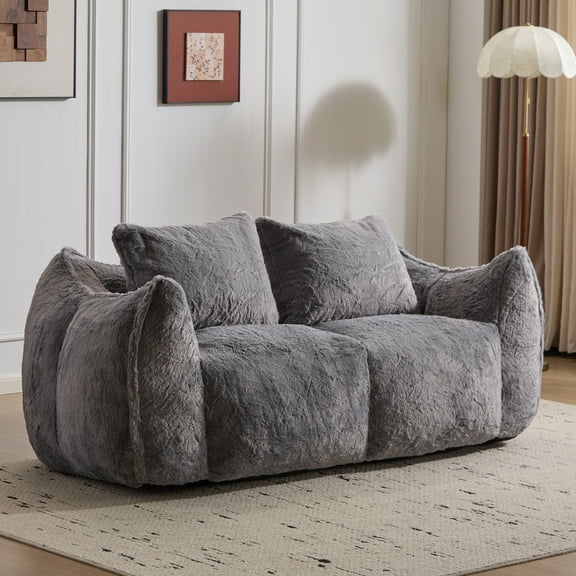Miniyam Oversized Faux Fur Bean Bag Sofa Couch with Pillows, Fluffy Foam-Filled 2-Seater Loveseat Lounge Chair, 600 lbs Capacity, Gray