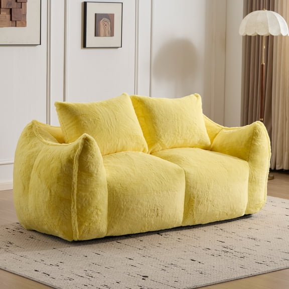 Miniyam 75.2 in Oversized Faux Fur Bean Bag Couch for Adults, 2-Seater Loveseat Floor Sofa with Armrests and Pillows, Yellow