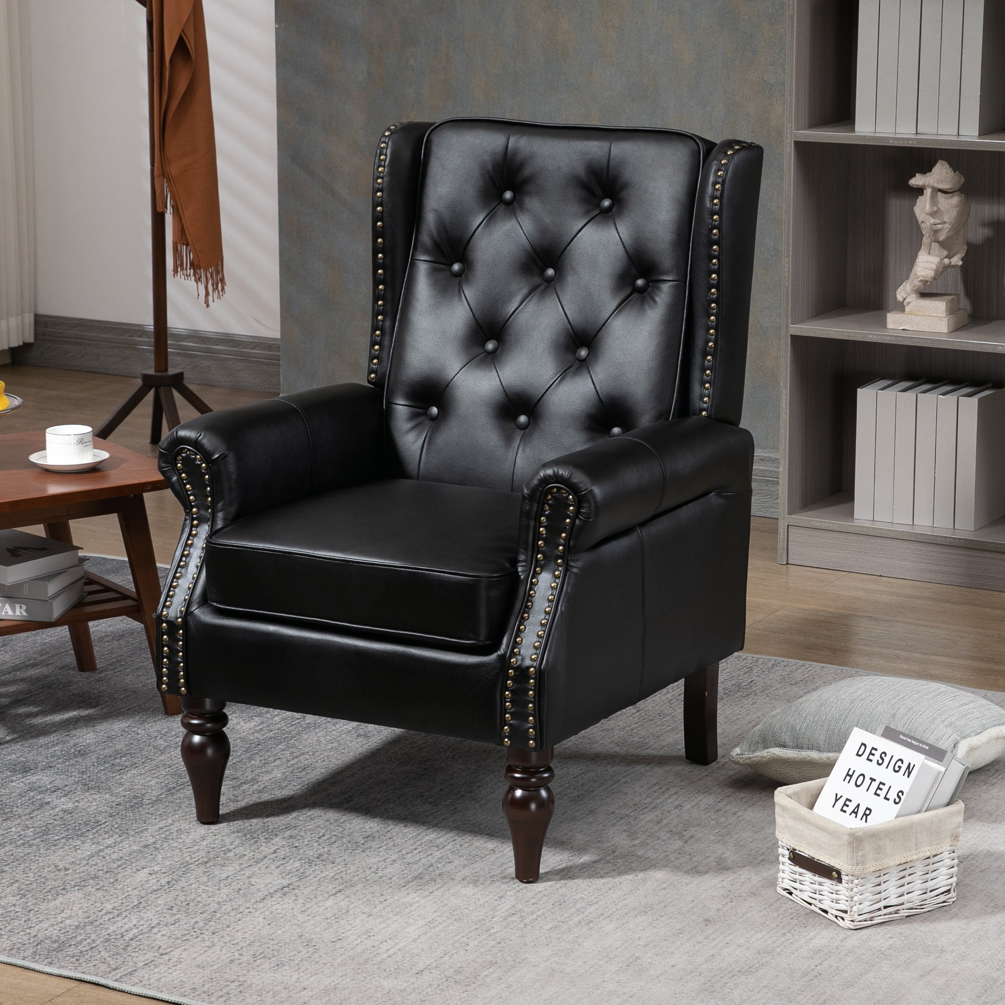 Miniyam PU Leather Armchair with Wood Frame, Modern Accent Chair Lounge Chair with Sturdy Wood Legs, for Living Room Bedroom,Black