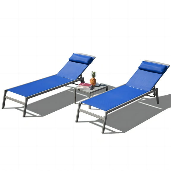 Miniyam Patio Chaise Lounge Set, Lounge Chairs with 5 Adjustable Position, Breathable Textilene Fabric, Headrest and Side Table, Blue