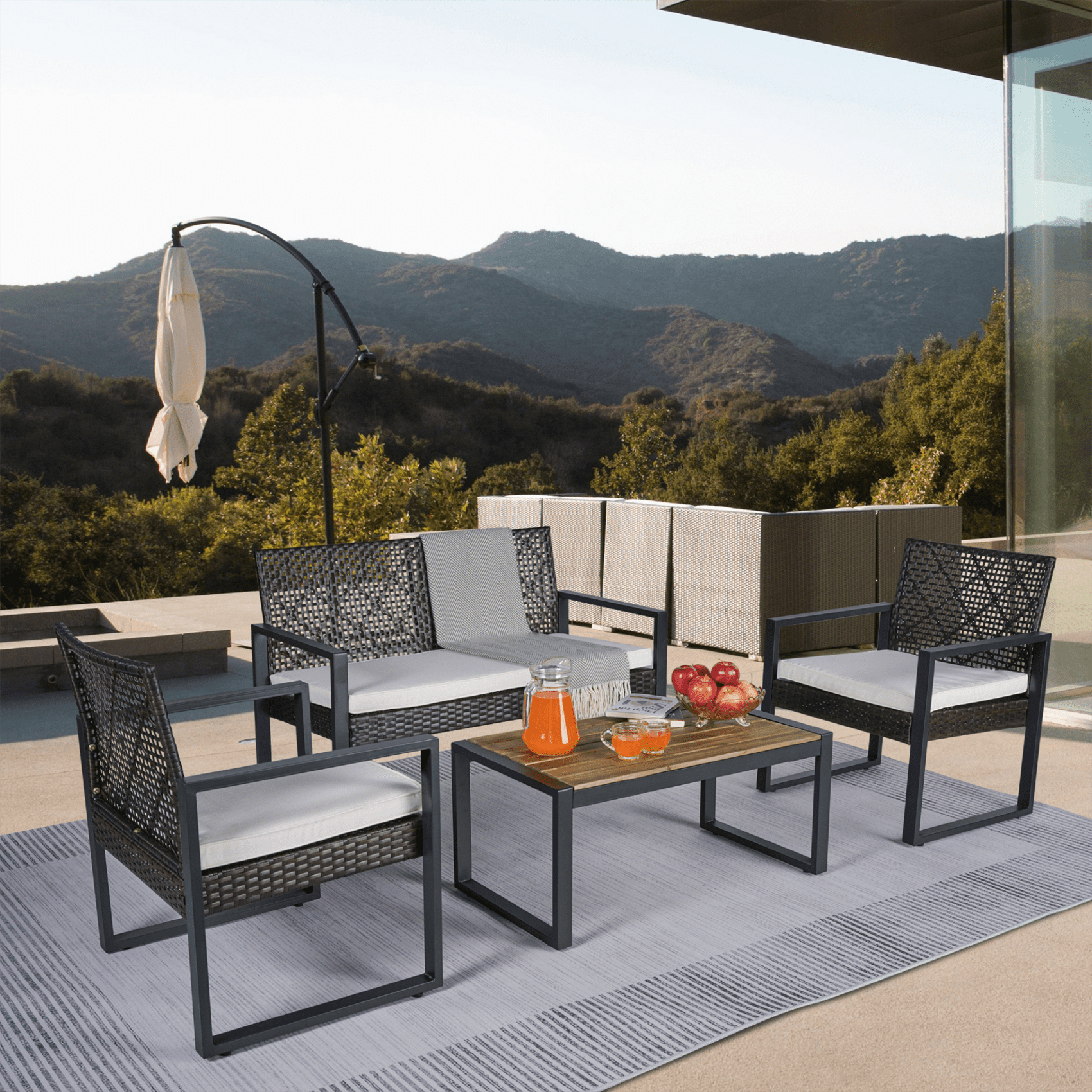 Miniyam Patio Furniture Set, 4 Pieces Outdoor Rattan Chair Wicker Sofa Garden Conversation Bistro Sets for Yard,Pool or Backyard, Black&White