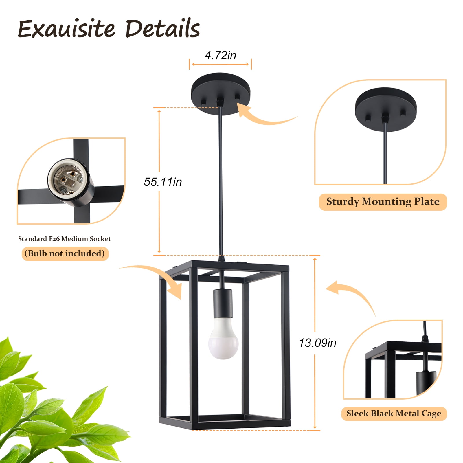 Miniyam Pendant Lights Hanging Light Fixture Modern Kitchen Light with Black Finish, 51 Inch Pipe for Flat and Slop Ceiling, Kitchen Island, Bedroom, Dining Hall, E26 Base, No Bulbs Included
