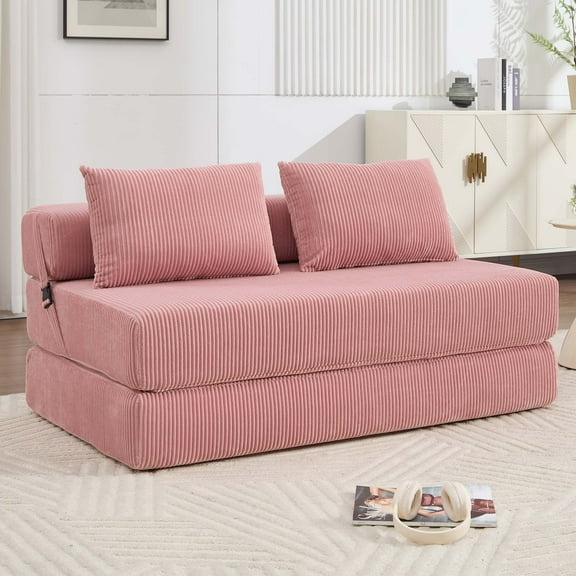 Miniyam Pink Plush Sofa Bed, 55"x80" Single Sleeper with 33"W Seat, Cozy Convertible Chair Bed for Guest Room, Girls Room, Small Apartment