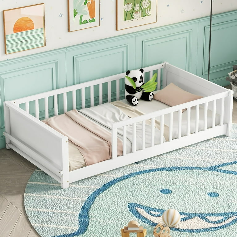 Miniyam Wood Twin Size Floor Bed with Built in Book Storage Rack for Toddler White Walmart