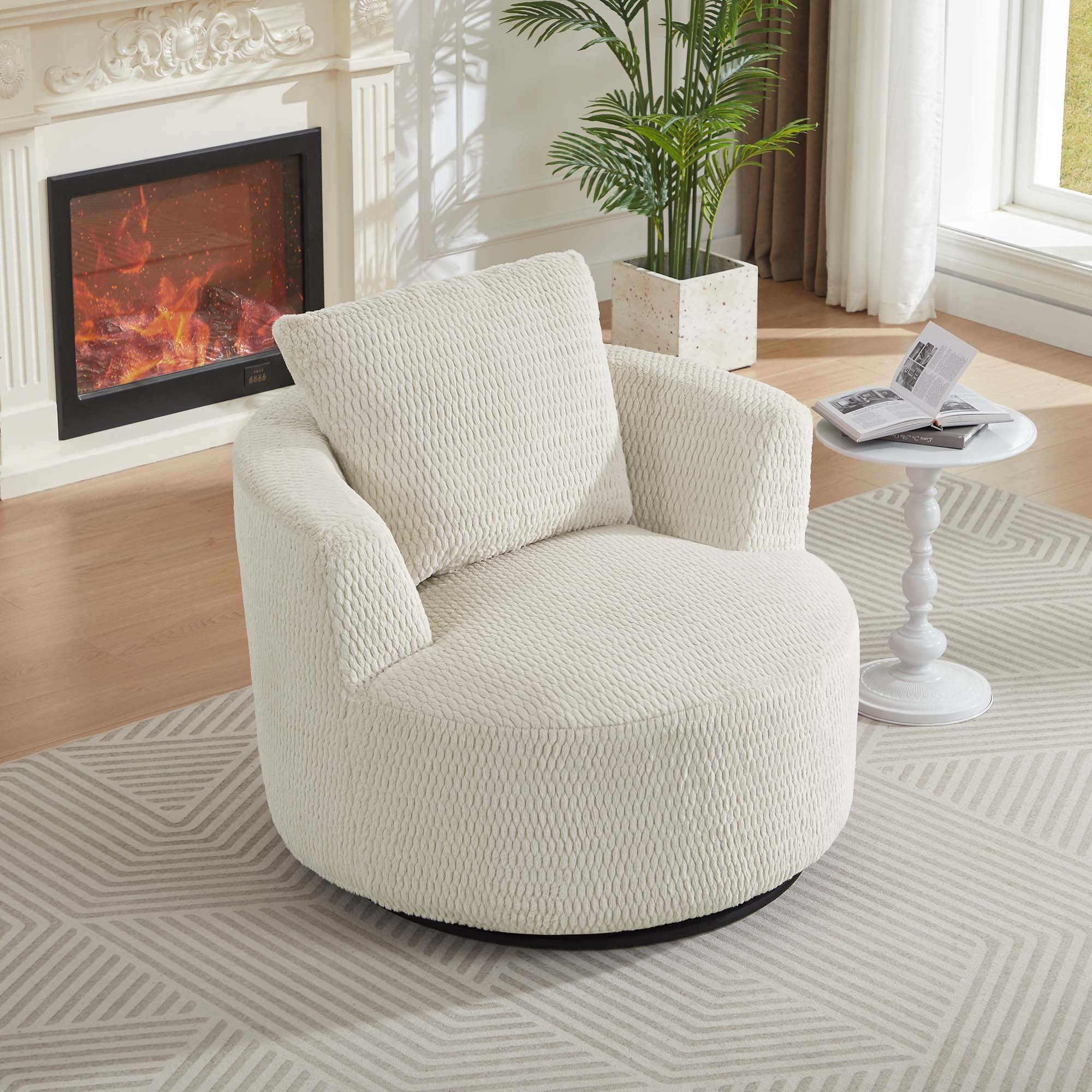 Miniyam Plush Comfort Swivel Chair: 360° Rotating, Sturdy Wood Base, Hassle-Free Assembly, Neutral Design, Cream