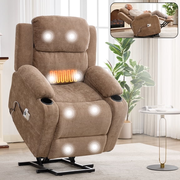 Miniyam Power Lift Recliner Chair with Massage and Lumbar Heat, Fabric Adjustable Reclining Chair with Remote Control, USB Port and Cup Holders, Brown