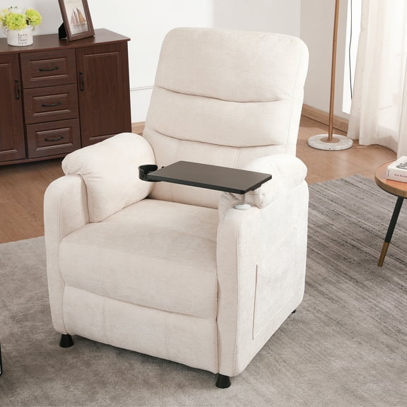 Miniyam Power Recliner Chair with Lumbar support in White, Tabletop & Cup Holder Full Steel Frame 7-Zone Support with Wired Memory Remote for Home Theater Indoor