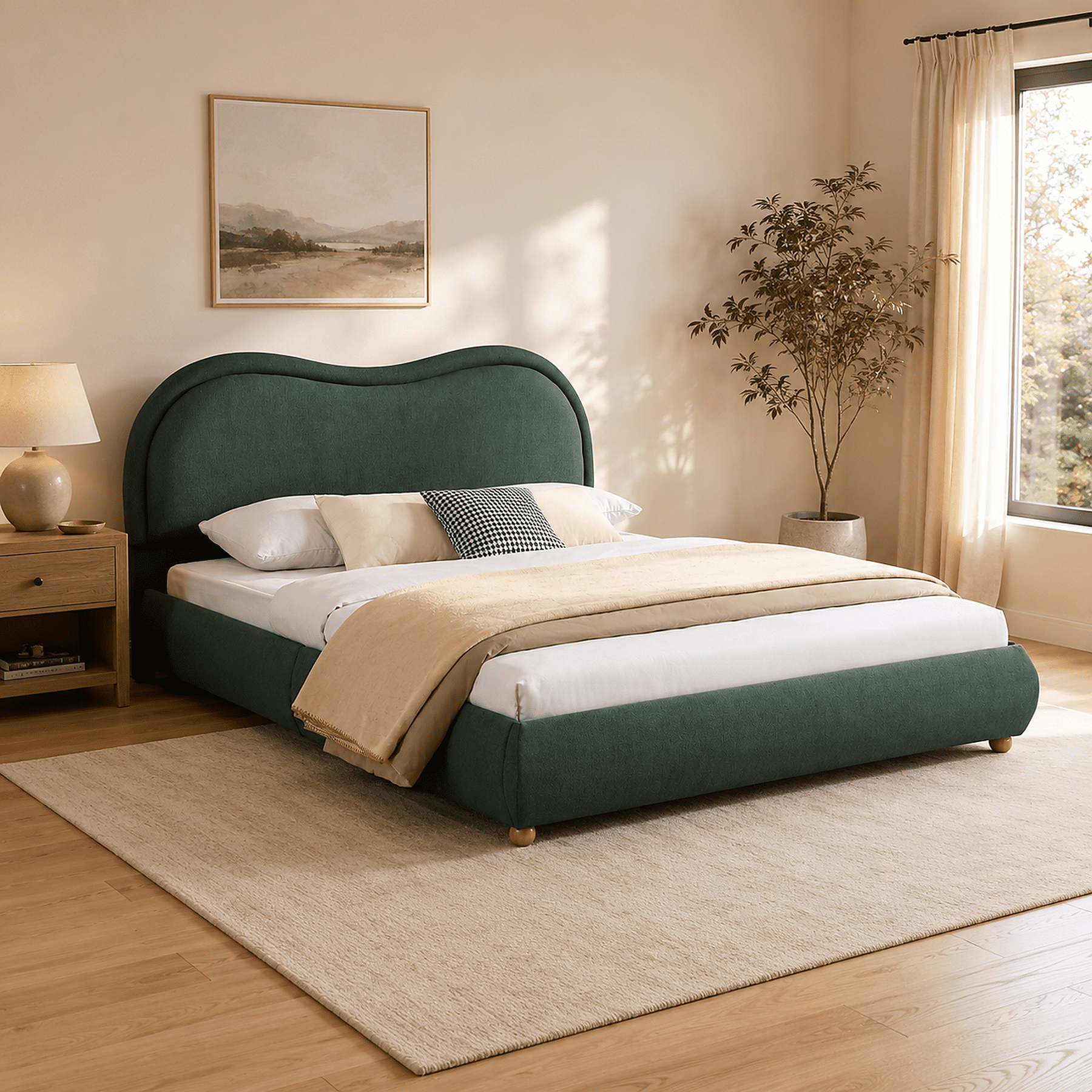 Miniyam Queen Bed Frame with Curved Headboard, Green Chenille Upholstered Platform Bed with Wooden Slats
