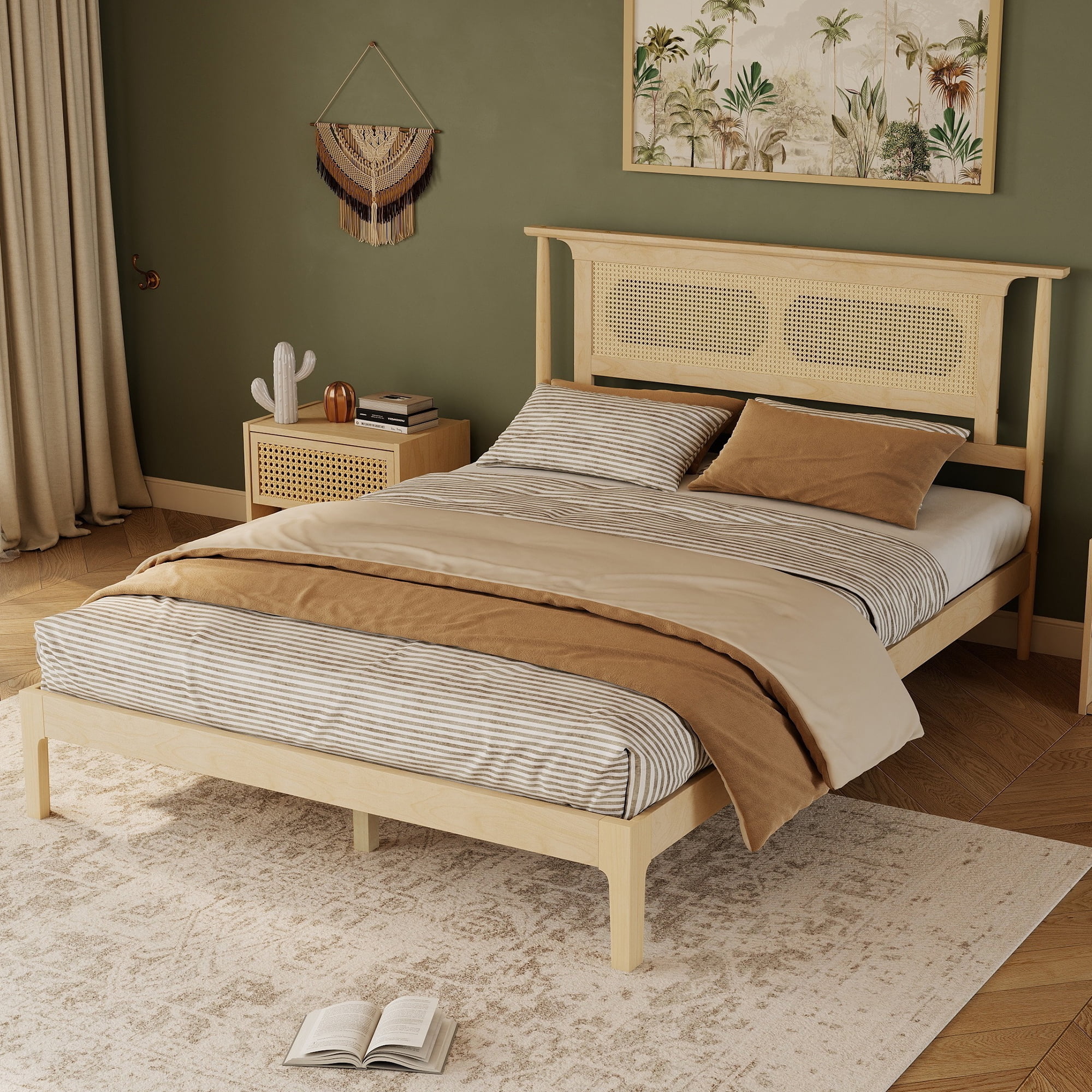 Miniyam Queen Bed Frame with PE Rattan Headboard, Pine Platform Bed, Natural