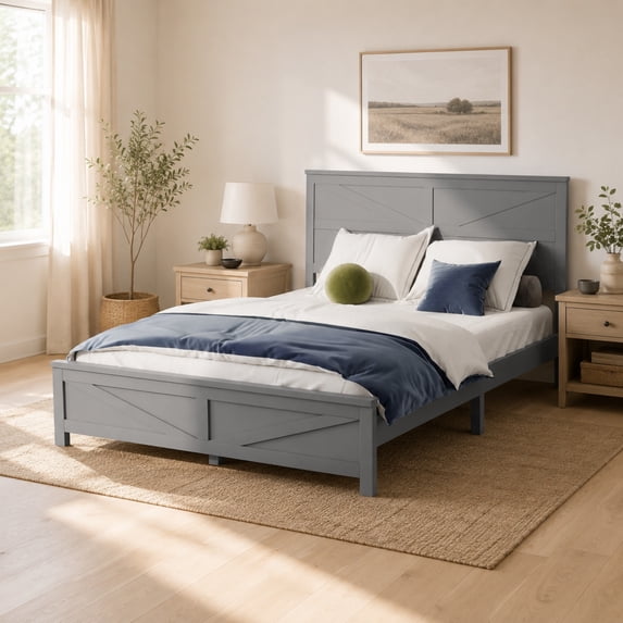 Miniyam Queen Bed with Barn Door Headboard and Footboard, Farmhouse Wood Platform Bed Frame, Gray