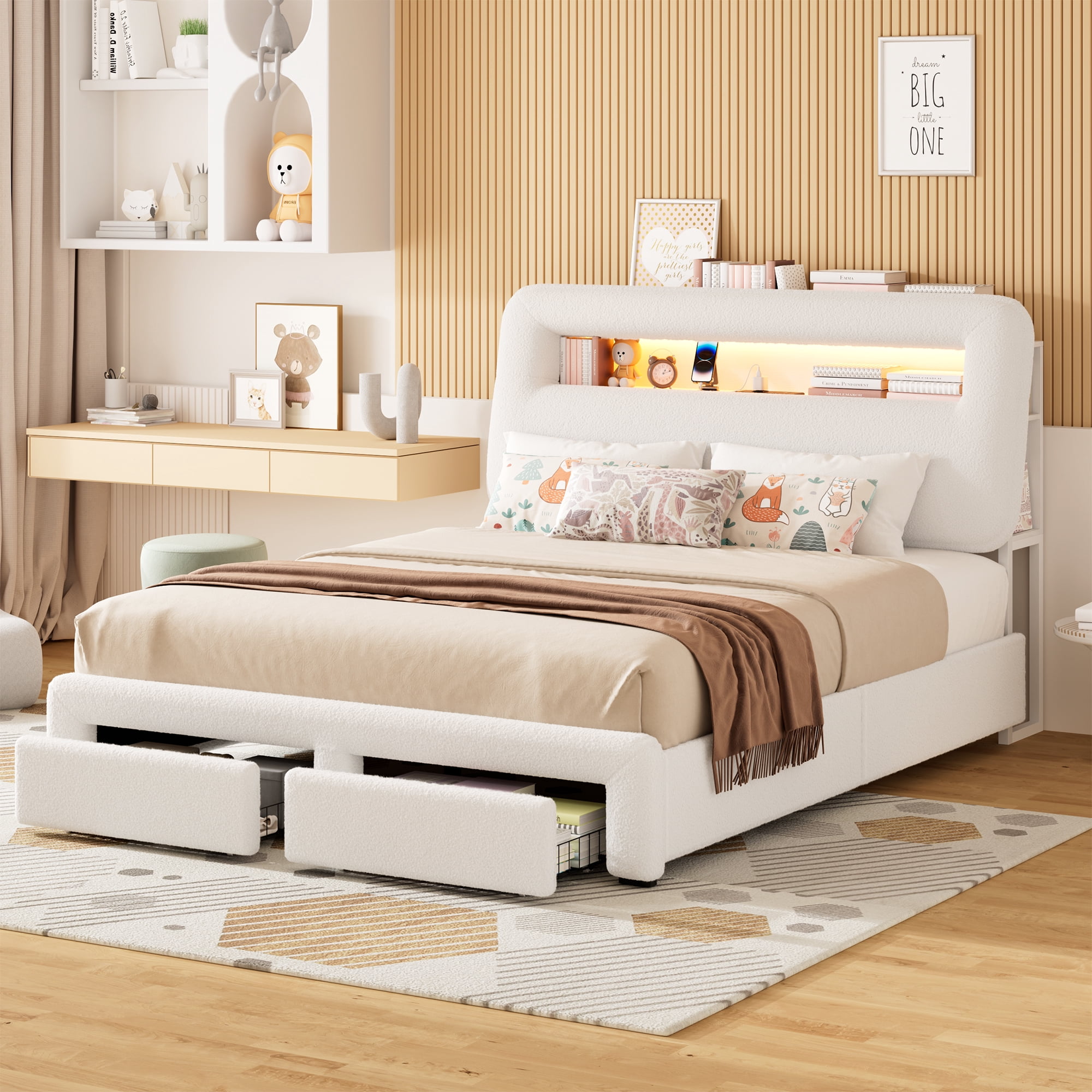Miniyam Queen Bed with Storage Drawer, Sherpa Upholstered Headboard, LED Light & USB Charging for Adult