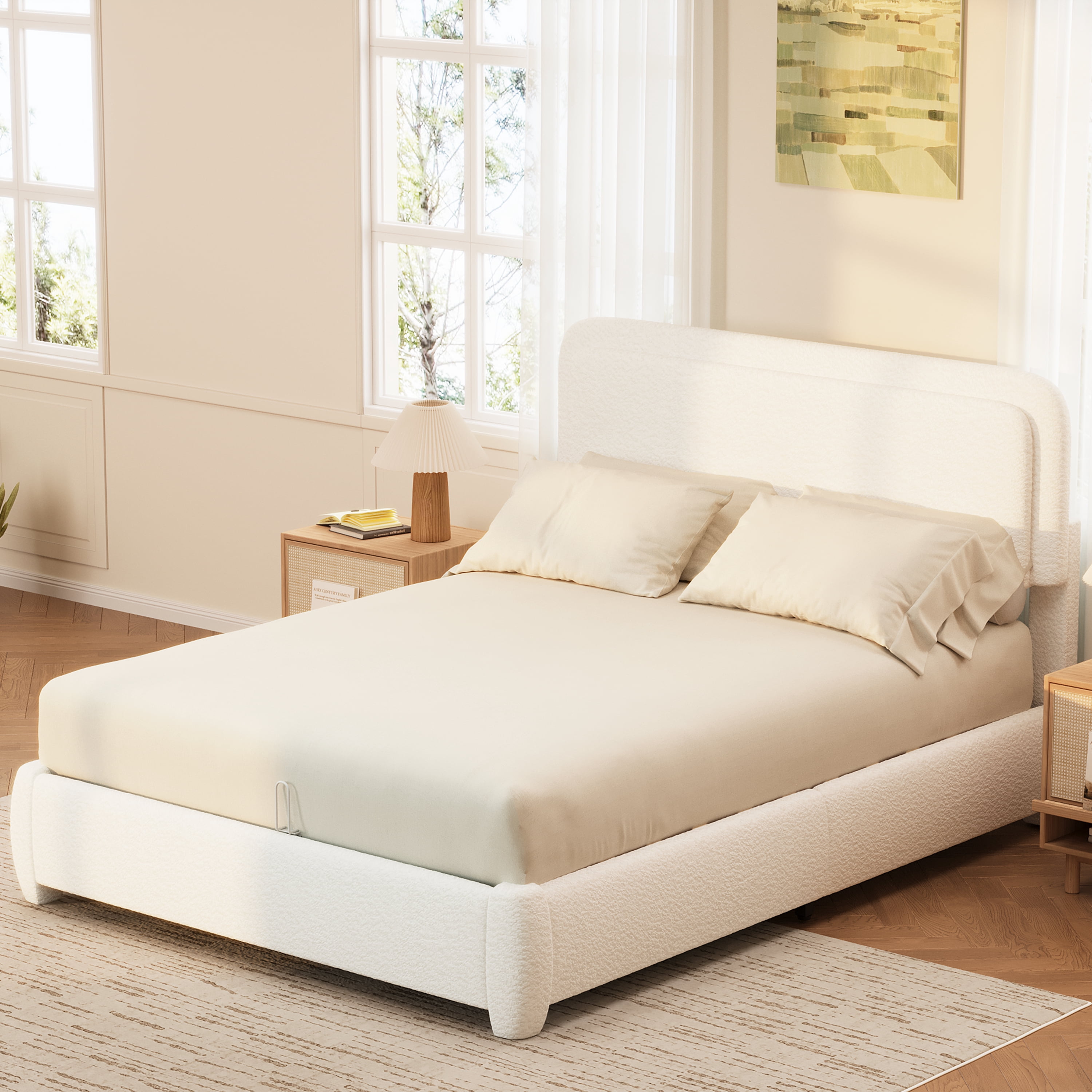 Miniyam Queen Boucle Upholstered Platform Bed Frame with Adjustable Curved Headboard, Wood Slat Support, White