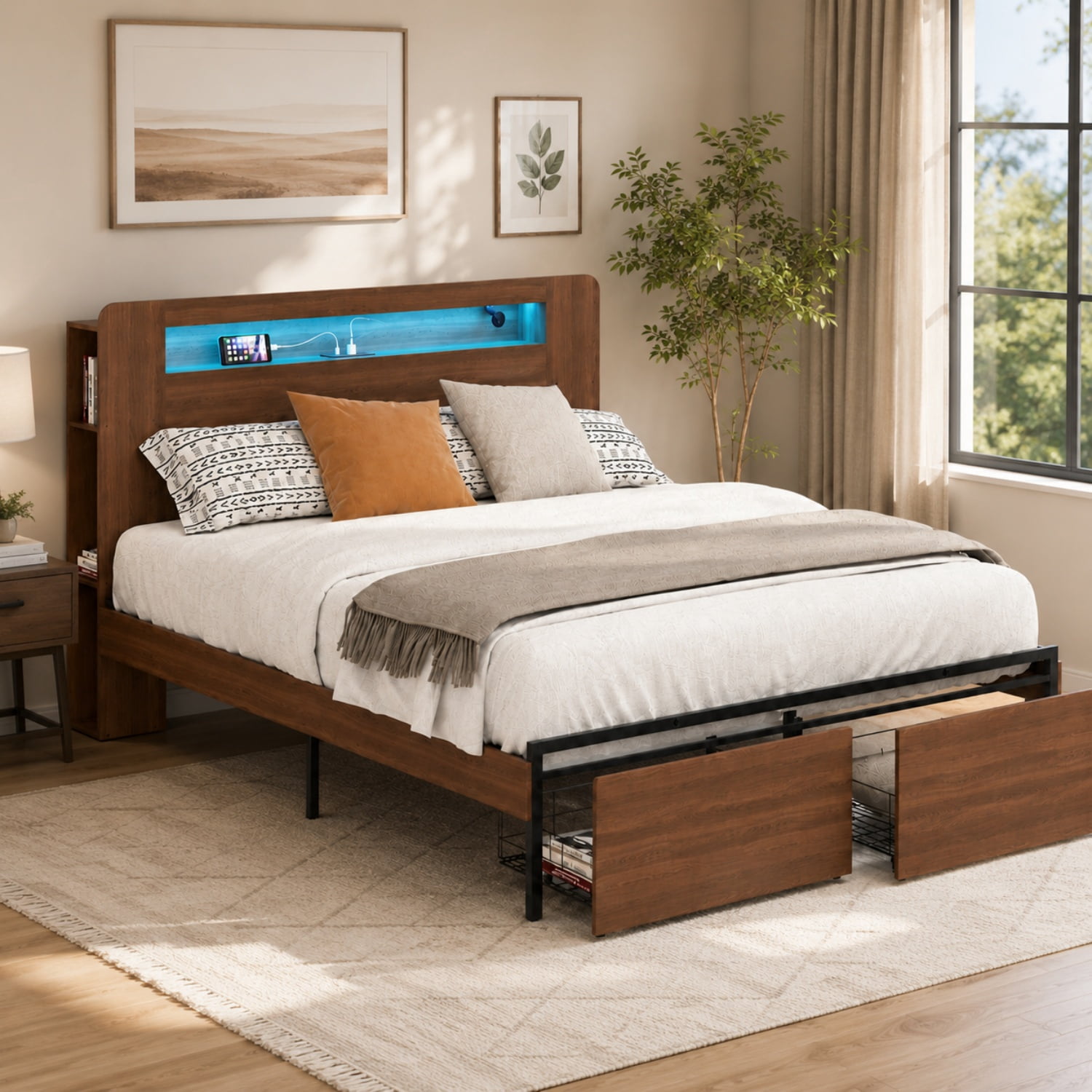 Miniyam Queen Farmhouse Bed with Storage Headboard, LED Lights and Charging Station, Platform Bed Frame with 2 Drawers, Brown