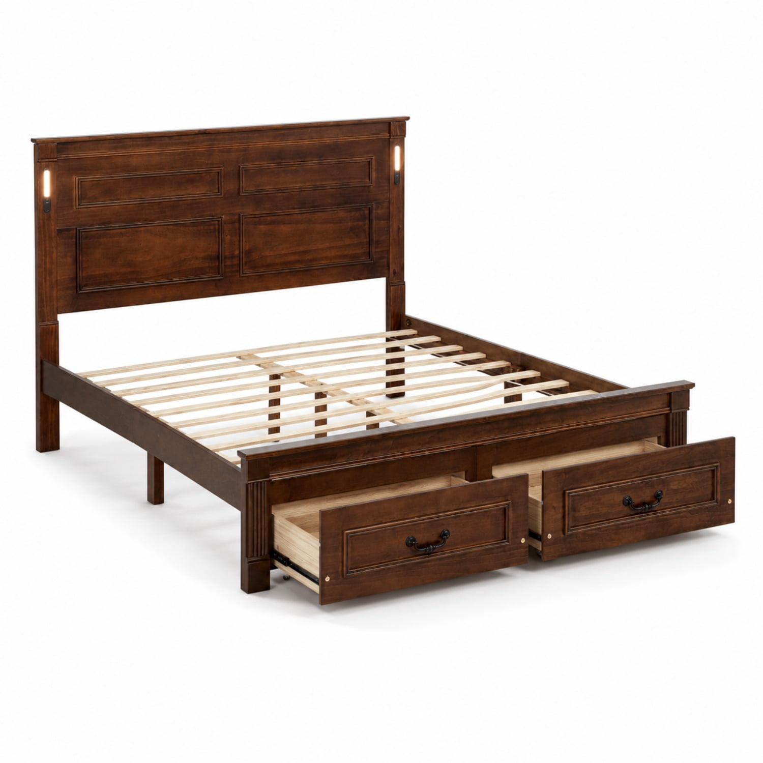 Miniyam Queen Farmhouse Storage Bed Frame with LED Headboard, USB & Type-C Charging, 2 Drawers, Walnut