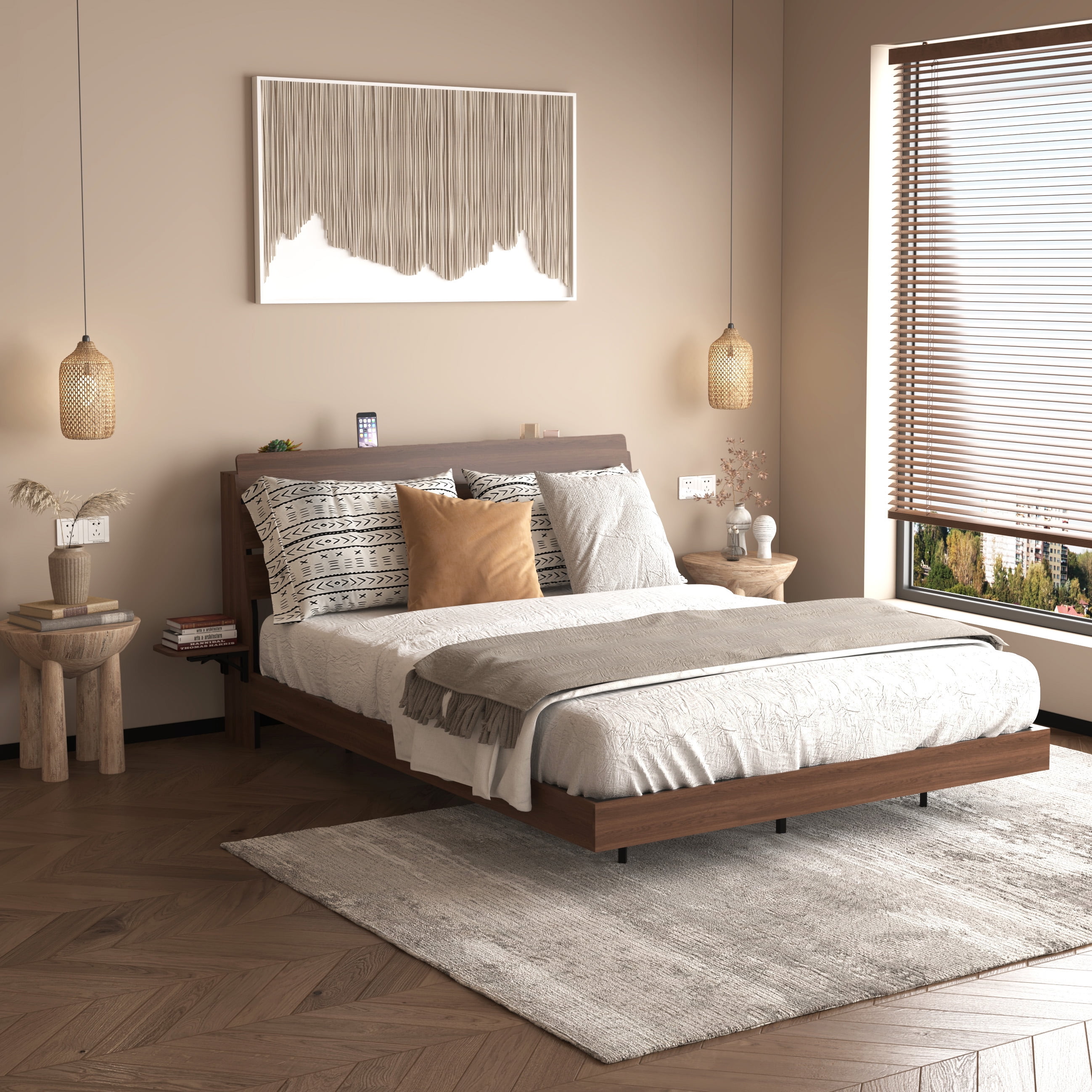 Miniyam Queen Floating Bed Frame with RGB LED Lights, Storage Headboard & USB Charging Station, Walnut