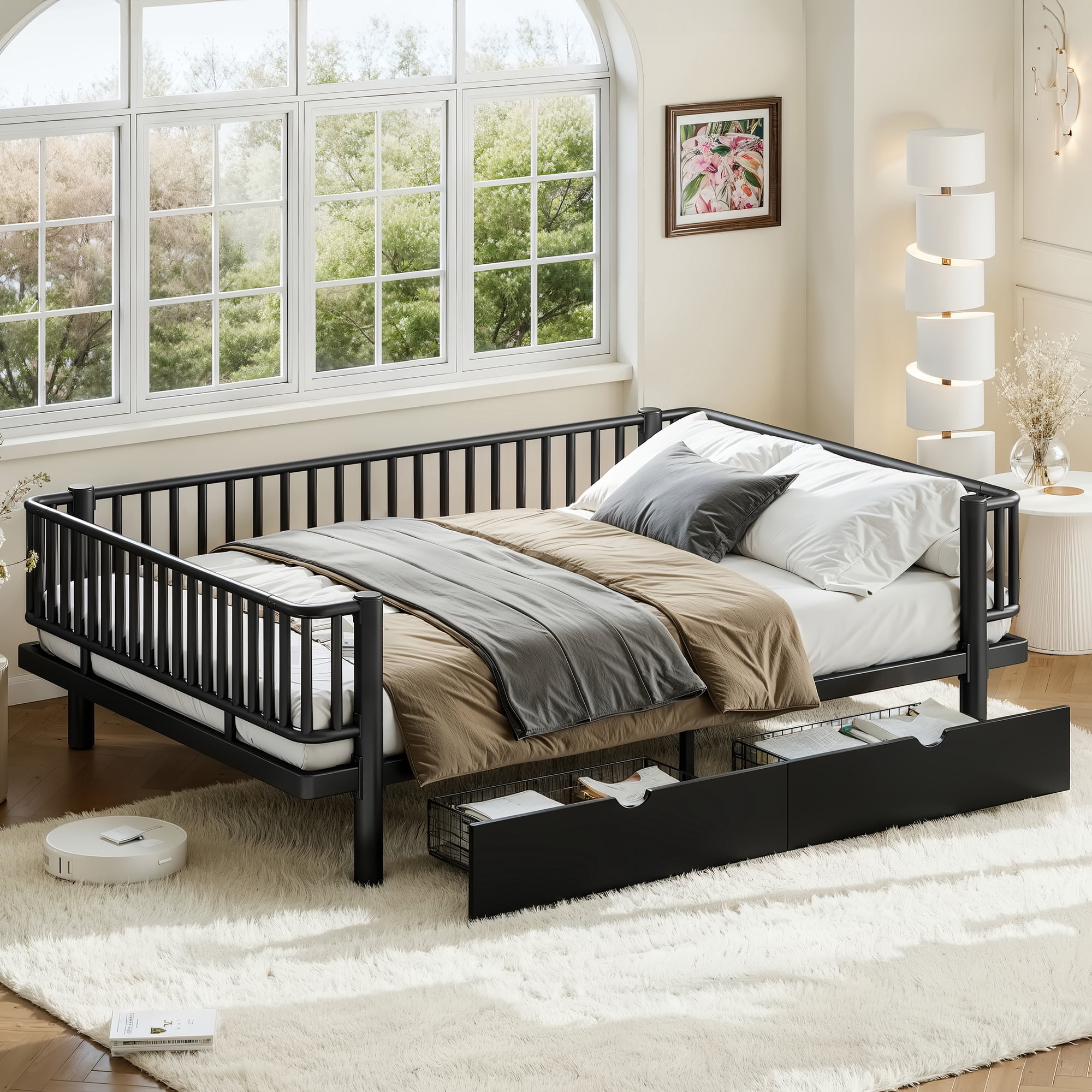 Miniyam Queen Metal Daybed Frame with Storage Drawers, Low Profile Platform Bed with Guardrails, Black