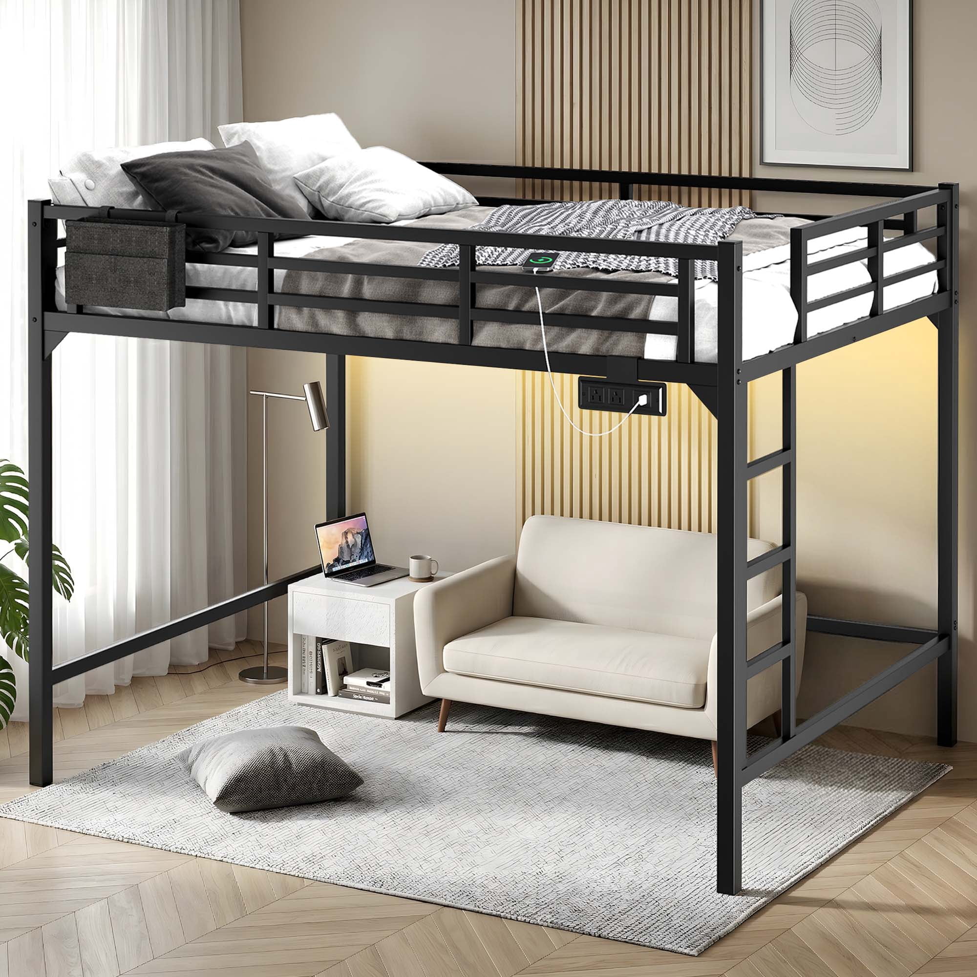 Miniyam Queen Metal Loft Bed with LED and Charging Station for Adults and Apartments, Black