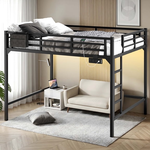 Miniyam Queen Metal Loft Bed with LED and Charging Station for Adults and Apartments, Black