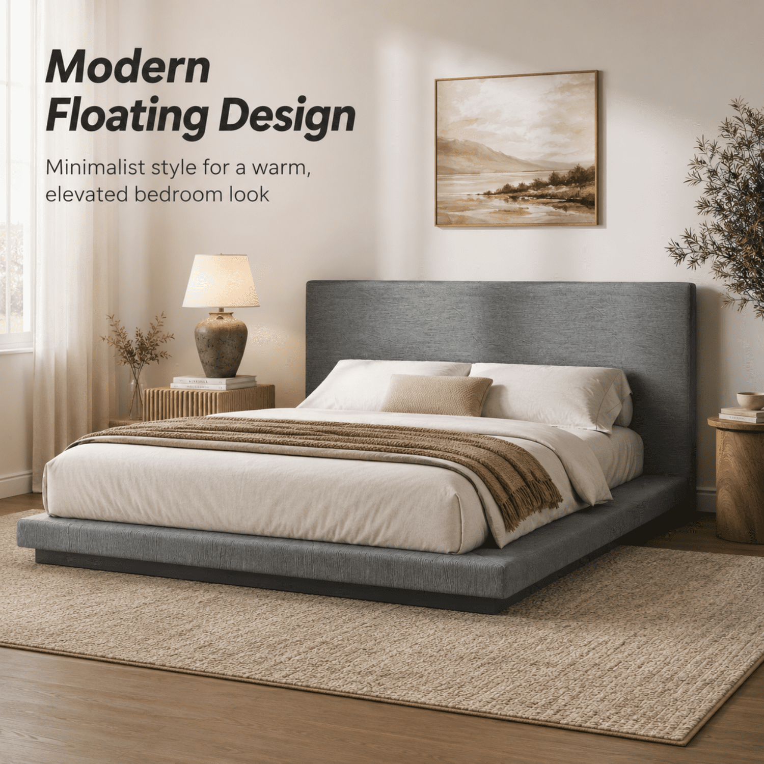 Miniyam Queen Modern Upholstered Platform Bed Frame with Padded Headboard, Floating Style Bed with Metal Slat Support, Gray
