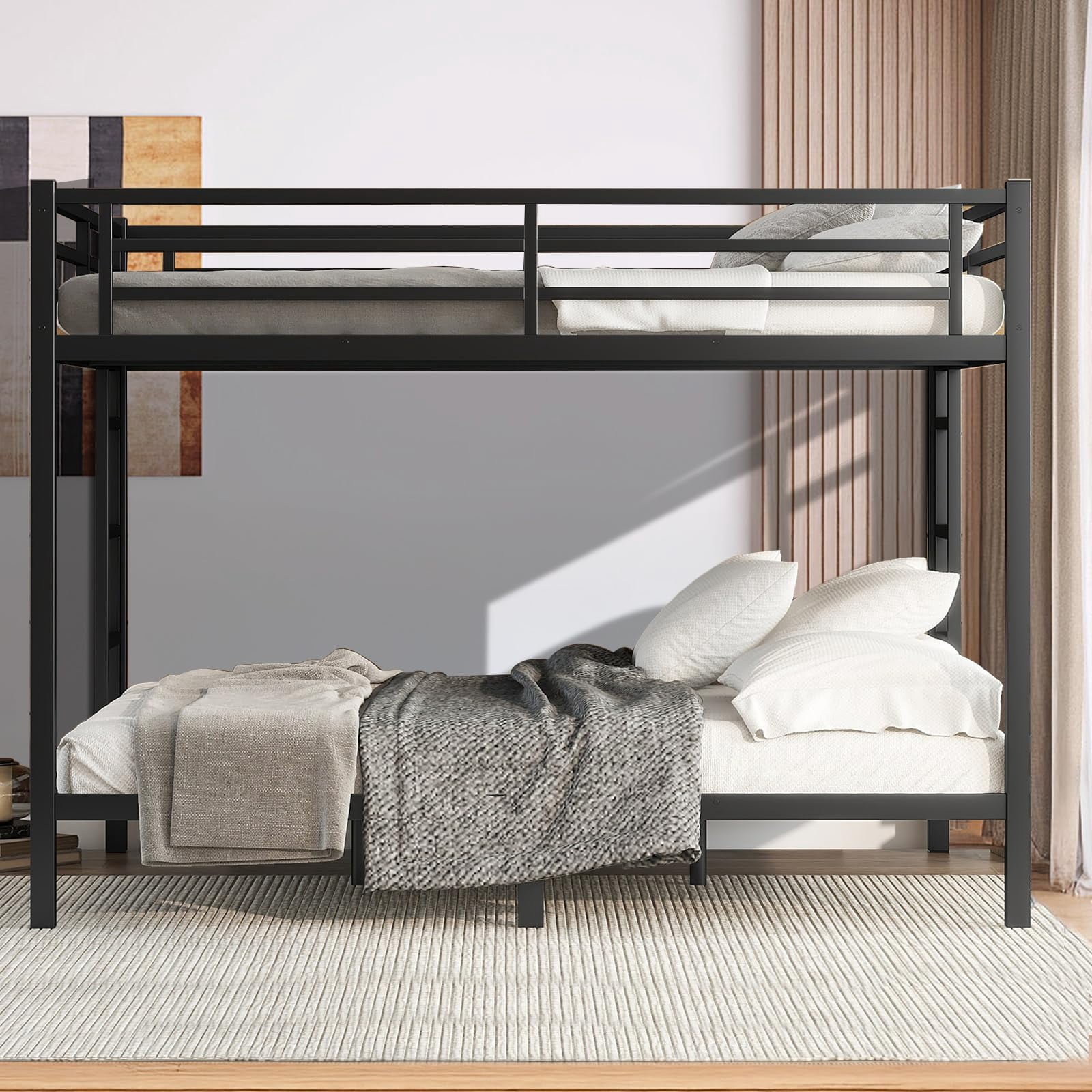 Miniyam Queen over Queen Metal Bunk Bed, Heavy-Duty Steel Frame for Adults with Safety Guardrails, Black