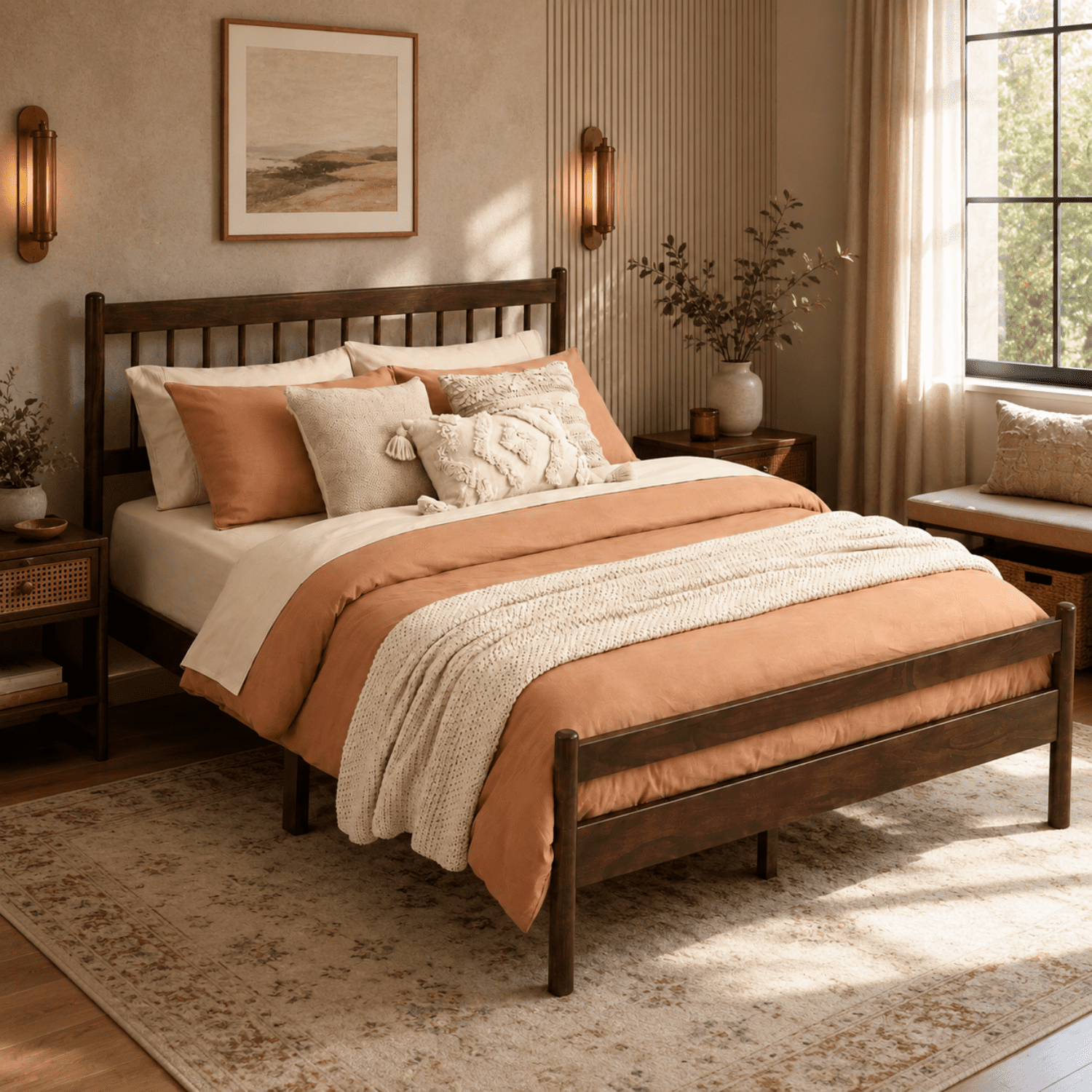 Miniyam Queen Pine Wood Platform Bed Frame with Spindle Headboard, 9.8" Underbed Storage, Walnut