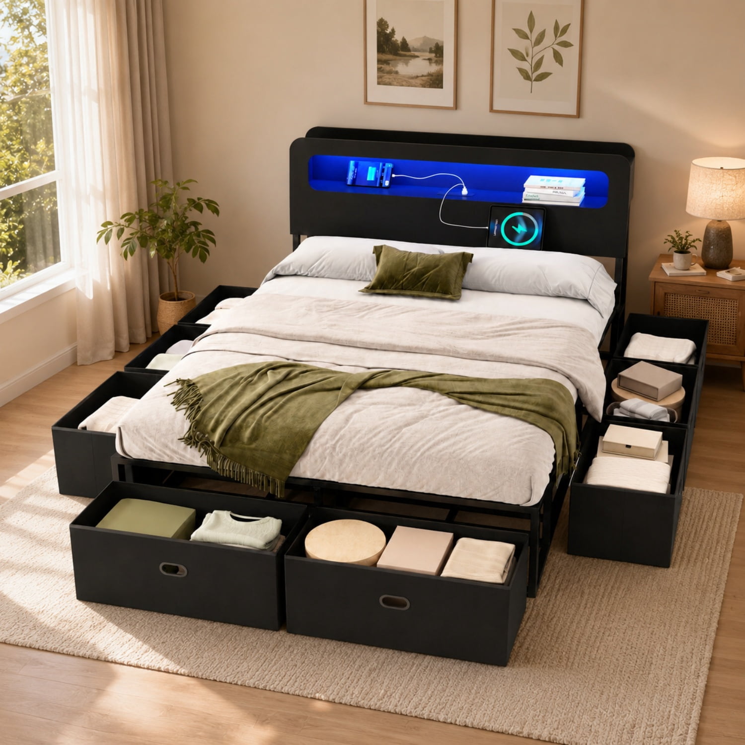 Miniyam Queen Platform Bed Frame with 8 Storage Drawers, LED Lights, Bookshelf Headboard and Charging Station, Black