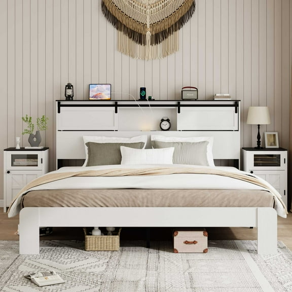 Miniyam Queen Platform Bed with Storage Headboard, Sliding Barn Doors, USB Charging Ports, Touch Light, White Farmhouse Style