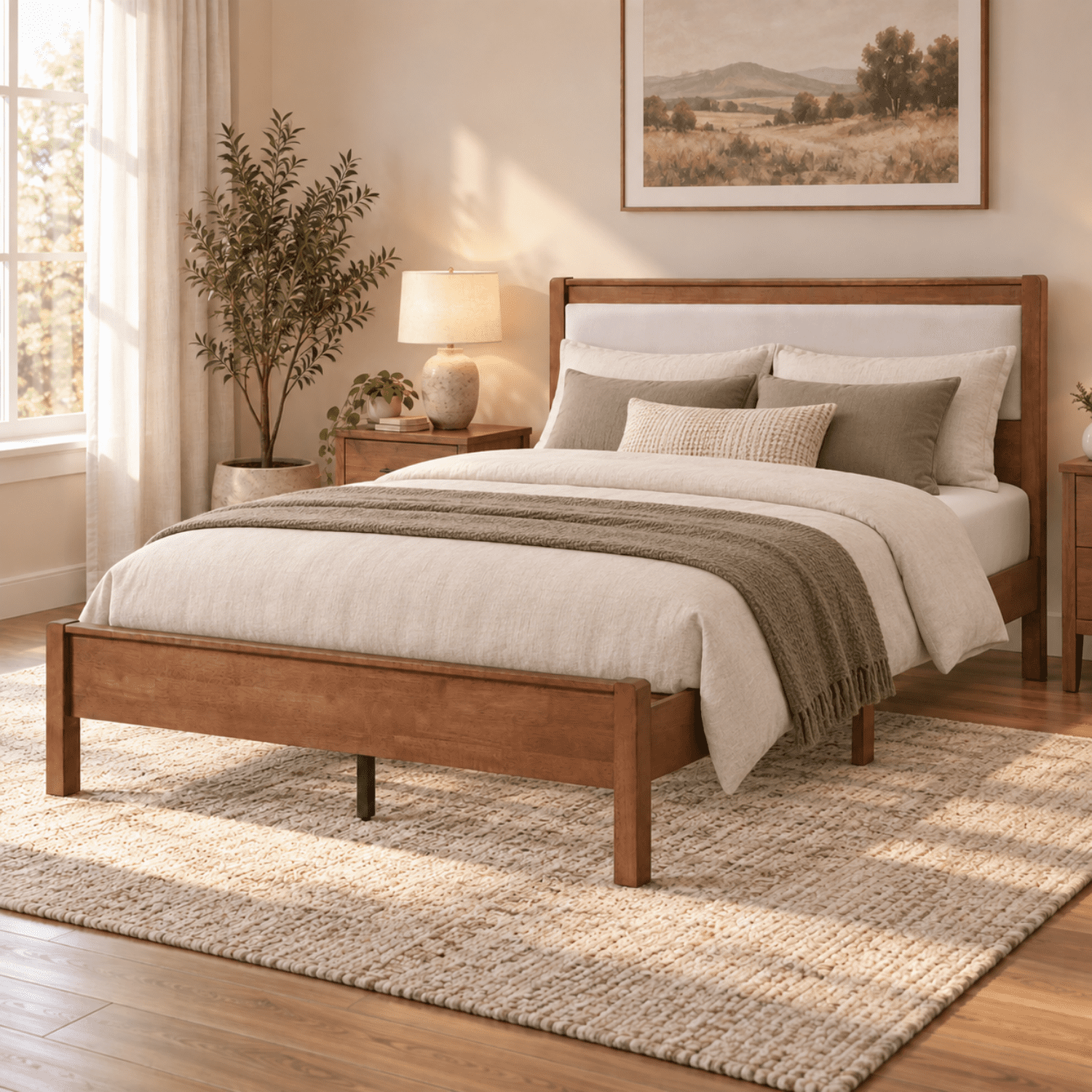 Miniyam Queen Rubberwood Platform Bed Frame with Padded Upholstered Headboard, Brown