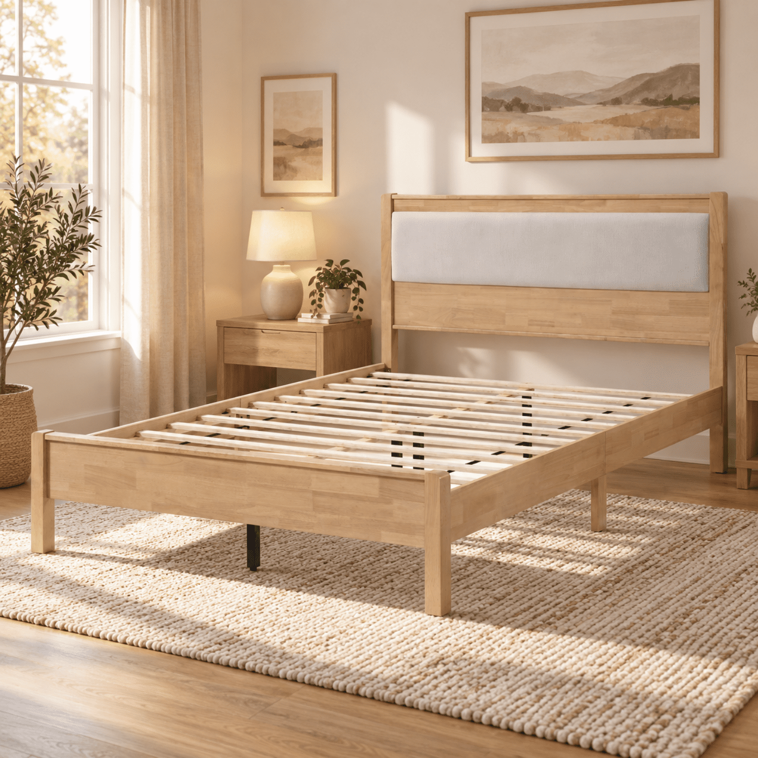 Miniyam Queen Rubberwood Platform Bed Frame with Padded Upholstered Headboard, Natural
