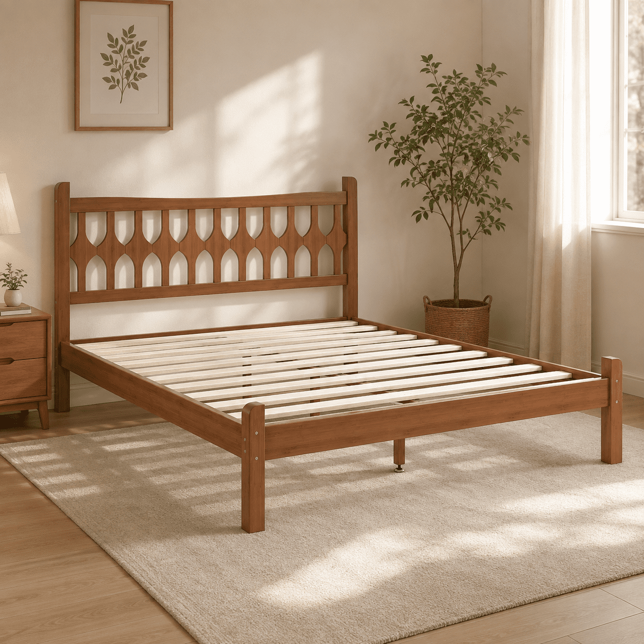 Miniyam Queen Size Bamboo Platform Bed Frame with Geometric Headboard, Brown