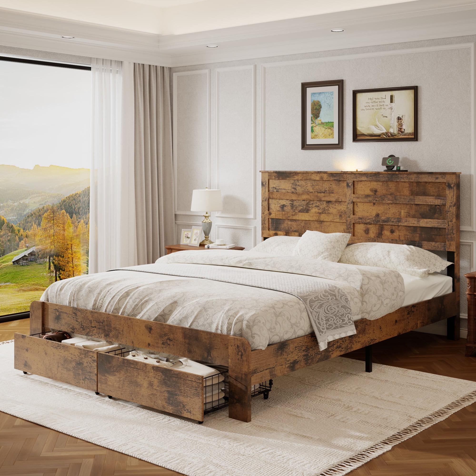 Miniyam Queen Size Bed Frame with LED Light and Storage Drawers,USB ports, Farmhouse Style, Brown