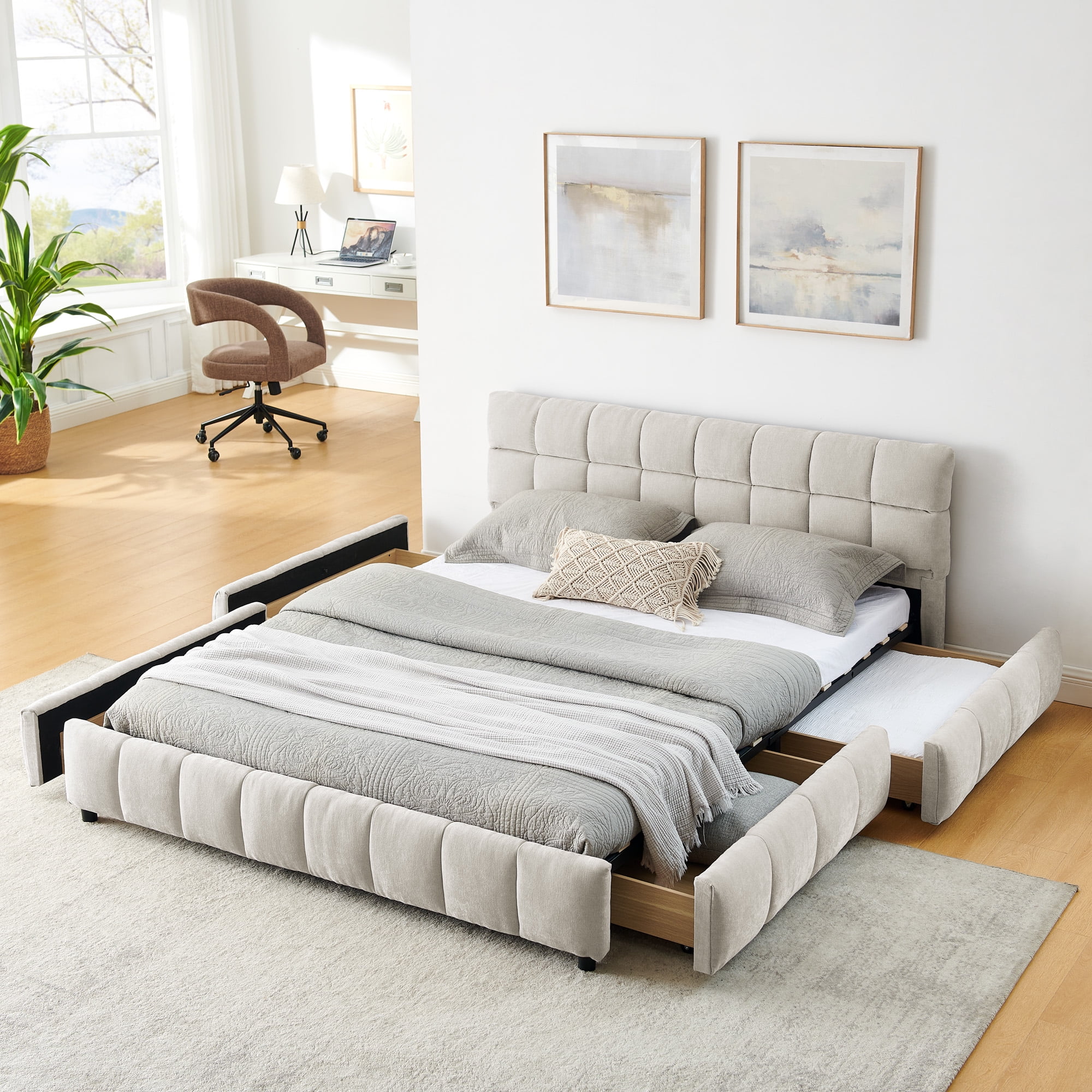 Miniyam Queen Size Bed with Chenille Upholstery, Storage Drawers for Adult, Beige